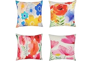 Fenfang Lniana poszewka na poduszkę, na sofę, 45 x 45 cm, zestaw 4 sztuk, dekoracyjne poszewki na poduszkę z zamkiem błyskawicznym, na kanapę, niebieskie kwiaty