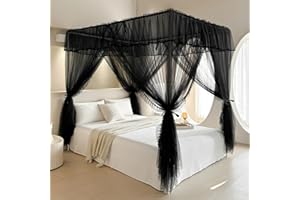 AIKASY Betthimmel-Vorhang mit 4 Ecken, doppelschichtig, gemütlich, Drapiernetz mit 4 Öffnungen, elegantes Moskitonetz für Mädchen und Erwachsene, Schlafzimmerdekoration (Schwarz, Queen)