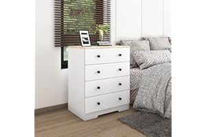 T AUNTY STORE Chest of Drawers Bedroom Dresser Storage Cabinet with 4 Drawers with Metal Drawer Runners Wooden Bedside Cabinet for Bedroom Living Room Oak + White
