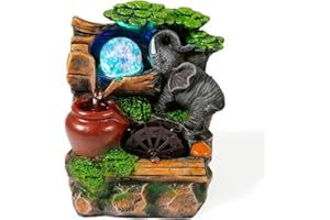 ‎DYNA-LIVING Dyna-Living Zimmerbrunnen Tischbrunnen mit Rollender Kugel, Brunnen Springbrunnen LED-Beleuchtung Mehrfarbig, Tischplatte Wasserbrunnen Wasserfall, Elefant Wasserrad Pflanzen, 20 x 15 x 10cm