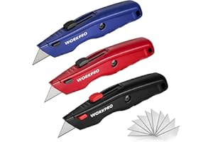WORKPRO Zestaw noży do dywanów, wysuwany, uniwersalny nóż z pełnego metalu, wytrzymały nóż do cięcia z ostrzem do szybkiej wymiany, z 10 dodatkowymi ostrzami, zestaw 3 szt. (kolor czarny, czerwony,