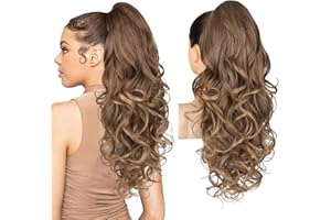 Brikabia Ponytail Extension, 24" Claw Clip in Long Curly Wavy Ponytail Hair Extension, Jaw Clip on Pony Tails Natural Hairpiece for Women, Dark Ash Blonde with Golden Ends