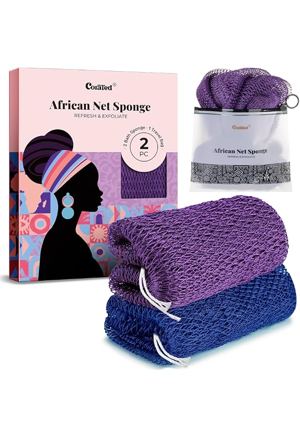 3er Set Afrikanische Peeling-Schwämme - Extra Lang Für Den Rücken, Mit Zugseilen, Nylon, In 3 Farben