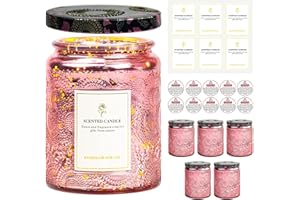 CREAHAUS Lot de 5 récipients à bougies en verre clignotant en relief de 250 ml avec couvercle en relief pour la fabrication de bougies et les loisirs créatifs (rose)