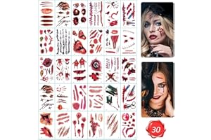 PROAMATE 30 Sheets Halloween Scar Tattoos Stickers with Fake Scab Blood,zombie tattoo,scar makeup,halloween face stickers Zombie Fake Injury Wound for Halloween Costume