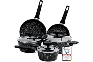 ‎LA MOUSTACHE La Moustache - 8-Teiliges Kochgeschirr, Set Antihaftbeschichtetem Aluminium, 3 Töpfe mit 3 Deckeln aus Gehärtetem Glas und 2 Bratpfannen für Alle Herdarten, Sogar Induktion (Onix)