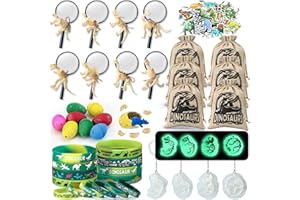 Toyssa Dino Party Bag Children's Birthday Boys with Magnifying Glass Drawstring Bag Luminous Key Ring Dino Eggs Skeleton Dinosaur Piñata Filling Give Aways Gift for Boys Children
