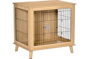 PawHut Hundekäfig aus Holz Transportbox in erhöhtem Design Hundebox Transportkäfig innen Zuhause Tierkäfig Haustier Natur 81 x 58,5 x 76 cm