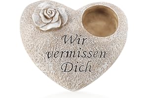 com-four® Grab-Dekoration in Herz-Form mit Rose - Gedenkstein mit Halter für Grabkerze oder Trauergesteck - wetterfester Grabschmuck - Trauerstein mit Gedenkspruch