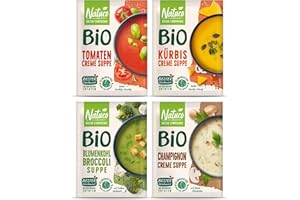 NATUCO Bio Suppenset mit Tomaten, Champignon, Blumenkohl-Brokkoli und Kürbis Cremesuppen - Glutenfreie und vegane Gerichte - Cremige instant Tütensuppen für jeden Tag
