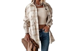 HVEPUO Damen Hemdjacke Karierte Shacket Langarm Hemd Bluse Mantel Flanell Jacke