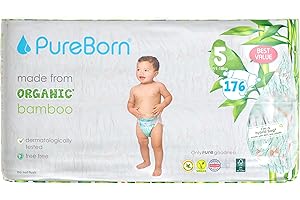 PureBorn Couches Écologiques en Bambou, Taille 5 (11-18 kg), 176 pièces (2x88), Hypoallergénique, Ultra Douces, Imprimé Assorti, Indicateur d'humidité