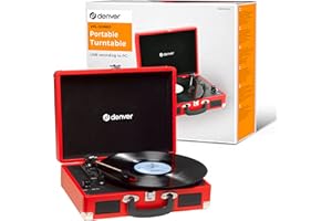 Tourne-Disque Vinyle Vintage Rouge - DENVER VPL-120 - Platine avec Enceinte intégrée - 3 Vitesses 33/45/78 Tours - Enregistrement USB vers PC - Lecteur rétro Valise