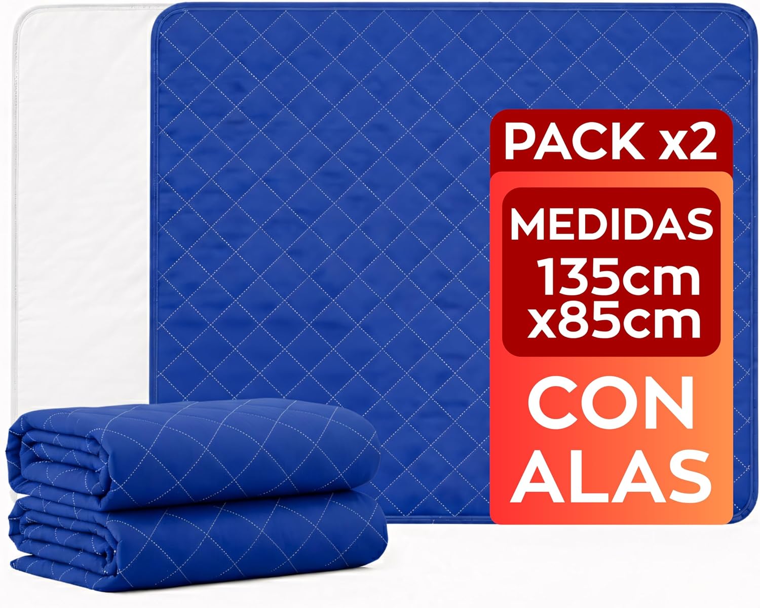 Pack x2 Empapadores Cama Adultos Lavables con Alas (135x85 cm) – 5 Capas Ultra Absorbentes – Protector Cama Impermeable y Reutilizable – Ideal para Incontinencia de Adulto y Bebé – Más de 400 Lavados