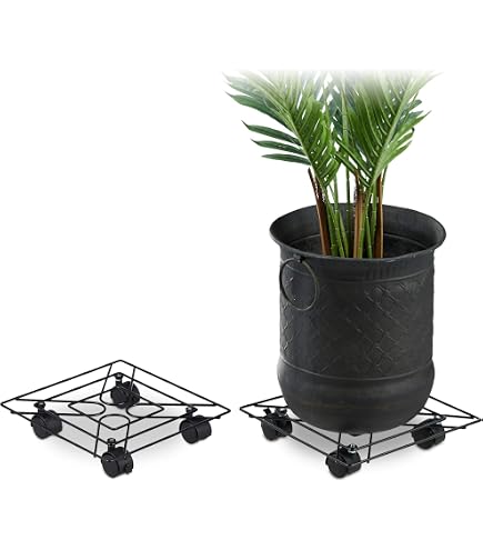 Support à Roulettes Pour Pot De Fleur WAGNER - Ø22cm, Charge 60kg | Style Rétro Noir Pour Intérieur/Extérieur