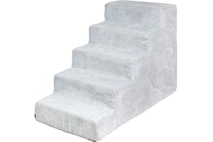 BOUTIQUE ZOO Hundetreppe 50 cm hoch | Katzentreppe Haustiertreppe | 5 Stufen | Hunde Katzen Haustier | für Bett und Auto | Trepp für kleine Hund | Plüschbezug | Farbe: Grau