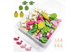 ZWZNBL 70 Stück Holz Stecknadeln und Flamingo Ananas Kaktus Palmblatt Stecknadeln Gemischte dekorative Reißnägel Süße Stecknadeln Reißnägel für Fotos Wand, Karten, Pinnwand, Korktafeln