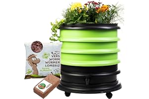 WORMbox | Lombricomposteur 3 Plateaux Vert Anis + Jardinière + 250gr de vers de Compost + 1 Bloc Coco | 48 litres | Compostez Vos déchets organiques, Les vers de Terre/lombrics/lombricompost