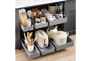 SOLEDI 3 Pack Pull Out Cabinet Organizer, Pull Out Drawer for Kitchen Cupboard, No Drill for Kitchen Cabinets, Bathroom Cabinet, Pantry, Office, Slide Out Drawers Storage Shelf, Grey 3 Sizes