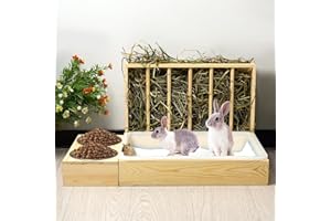 MOGOULUA 3-in-1 Kaninchen-Heu-Futterstation mit Katzentoilette, Futternäpfe für Haustiere, Holz, Heuraufe für kleine Haustiere, Kaninchen, Hamster, Meerschweinchen