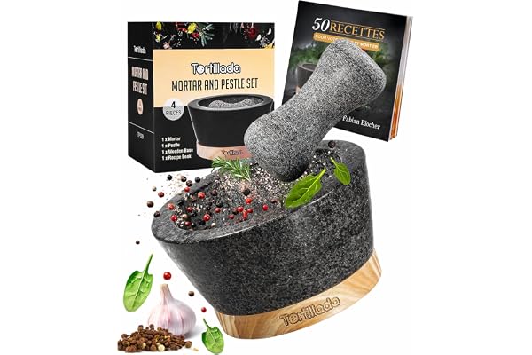 Tortillada - XXL Ensemble mortier et pilon de 16 cm en granit naturel avec base en bois anti-rayures Moulin à épices et à herbes en granit Broyeur de pilules avec 50 recettes, Noir