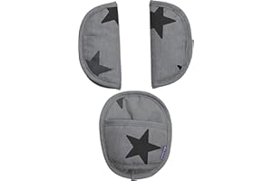 Dooky Universal Pads Grey Stars Cubre cinturón y cojines de cinturón para el portabebés y asiento de coche (para cinturones de 3 y 5 puntos, edad 0+, para la mayoría de las marcas), Gris