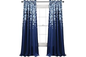 Lush Decor Weeping Flower Light Filtering Window Curtain Panels, Pair, 52" W x 84" L + 2" Header, Navy - Charming Modern Floral Curtains for Living Room, Dining Room, & Bedroom