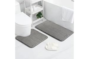 AUAUY Bathroom Mat Sets 2 Piece, Microfiber Fluffy Shaggy Bath Mat+Toilet Rug, Extra Soft Absorbent Bath Mats for Bathroom, Anti Slip Quick Dry Rug Toilet Mat for Bathroom Floor, Grey