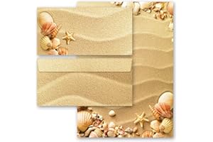PAPER-MEDIA Set complet de 40 pièces Motif de voyage, COQUILLAGES DANS LE SABLE 20 feuilles de papier à lettres et 20 enveloppes DIN LONG sans fenêtre