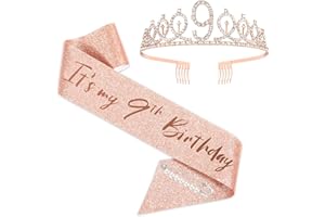 SZHUIHER Happy 9th Birthday Sash and Crown for Girls, Its My 9th Birthday Sash Birthday Bday Party Accessories, Birthday Decoration, 9th Birthday Crown, Glitter Birthday Sash Rose Gold