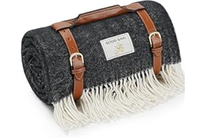 G GOOD GAIN Picnic Blanket with Waterproof Backing and PU Handle, Extra Large 80'' x 60'' Picnic Rugs Black for Outdoor Camping Travel Family Hiking, Washable Fold Beach Mat