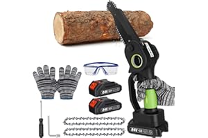 zerotop 1000W Mini Tronconneuse a Batterie 6 Pouces, Tronconneuse Electrique Sans Fil Tronconneuse Thermique à Une Main Portable avec 2 Batteries 2 Chaînes Pour Jardin La Cour L'élagage Branches(Vert)