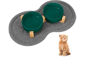 Revivoer Gamelle Chat Surélevée, 2x400ML Gamelles pour Chat Double en Ceramique avec Support et Tapis Antidérapant, Eau Bol Anti Vomissement et Facile à Nettoyer, Convient Aussi pour Chien et Lapins
