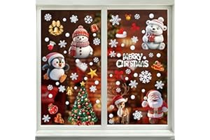 LEUOSO 3D Christmas Window Stickers, 9Sheets Xmas Window Stickers Double-Sided Xmas Clings, Snowflake Santa Claus Reindeer Window Decal for Christmas Window Decoration