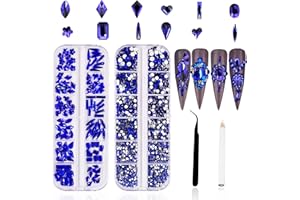HOINCO 3120Pcs Strass Ongles Nail Art,120 Strass Multiformes et 3000 Strass Ronds à Dos Plat Kit Strass Nail Art Cristal Strass Gems avec Pince à Épiler et Dotting Pen pour La Décoration des Ongles(Bleu)