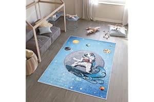 TAPISO Emma Tappeto Gioco Bambini Sala Giochi Cameretta Stanza Bambini Stampato Blu Spazio Astronauta Multicolore Antiscivolo Lavabile in Lavatrice 120 x 170 cm