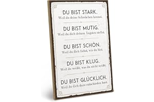 ARTFAVES® Holzschild mit Spruch - DU BIST STARK, MUTIG, SCHÖN, KLUG, GLÜCKLICH | Shabby Chic Vintage Schild | Deko Geschenk zum Thema Motivation, Glücklichsein | Größe: 19 x 28 cm