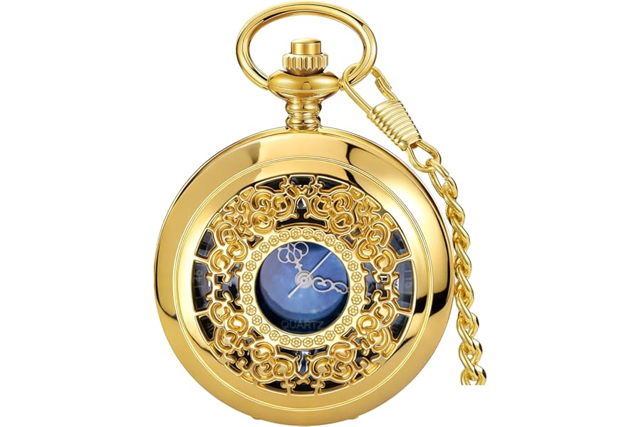 Tiong Quartz Pocket Watch Hollow Steampunk Blue Star Design Roman Numerals Pocket Watch with Chain Christmas Gifts