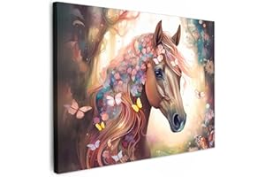 MuchoWow© Impression sur Toile Peinture 80x60 cm Tableau Mural Decoration Salon Reproductions de Tableaux Murale Moderne Cheval - Nature - Fleurs - Papillons - Forêt