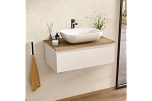 BELLOBATH - Mueble Baño Suspendido con Lavabo de Cerámica, Mueble Baño con Lavabo Montado con 1 Cajón, 60 x 27 x 46 cm, Mueble Blanco y Tapa Roble