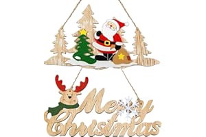 Jetec 2 Pieces Wooden Christmas Plaque Sign Christmas Door Wall Hanging Sign Santa Reindeer Wood Sign Ornaments Wood Christmas Tree Decoration for Christmas Home Indoor Outdoor Decor (Cute Style)