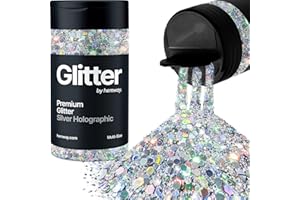Hemway Premium Glitter Shaker - Silver Holographic | 120g Multi Size Halloween Metallic Flake Sequins for Resin & Epoxy Crafts | Craft Supplies for Decorating Masks, Nail, Face, Bunting, Art