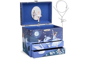 Jewelkeeper Ballerina Jewelry Box - Music Box for Girls - Little Girls Wooden Jewelry Set of 3 with Ballerina Bracelet and Necklace - Swan Lake Tune - Blue Glitter Design - 17.1 x 11.4 x 14.9 cm