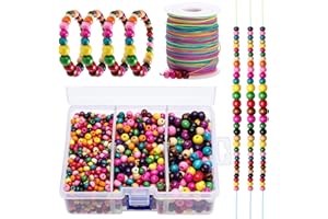 Kinsinder Pack of 1750 Colourful Wooden Beads, Round Colourful Mixed Colours, Wooden Beads with Threading, Elastic Cord for Jewellery Making, Bracelets, Necklaces, Crafts