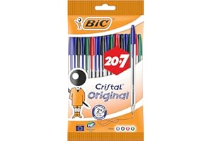 BIC Cristal Original Ballpoint Pens Medium Point (1.0 mm) â€“ Assorted Colours, Pouch of 20+7
