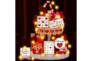Pickmesh 21 Pcs Valentine's Day Tiered Tray Decor Set Wood Valentine's Day Table Decor with LED String Light Rustic Farmhouse Valentines Day Decorations Heart Wooden Tabletop Signs for Home (Fresh)