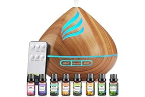 PUREMIST Oil Diffusers 500ML with 8 Essential Oils Set, Aromatherapy Diffusers Air Freshener,Essential Oil Diffuser with Remote Control, 4 Timer and Waterless Auto-Off Cool Mist Diffusers for Home