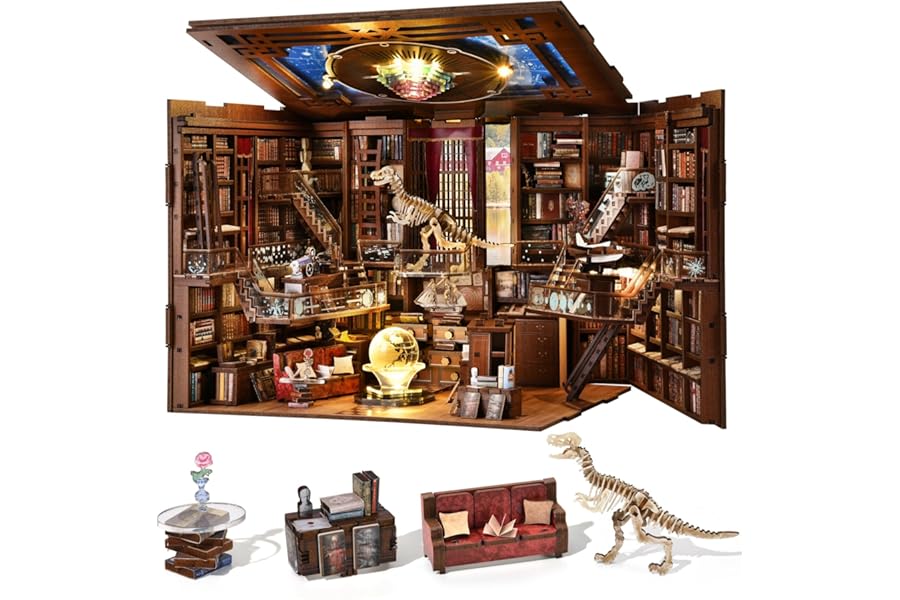 MiniCity Book Nook Kit, DIY Miniature Dollhouse Booknook Kit with LED Light and Dust Cover for Teens and Adults(Beyond Library Max)