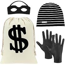 TELAOBAN Disfraz De Ladrón Completo | Máscara, Gorro, Guantes Y Bolsa De Dinero | Ideal Para Halloween, Carnaval Y Fiestas De Disfraces