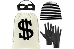 BTHRORO 4 pezzi Set di Costume di Ladro, Borsa per Soldi in Dollari, Maschera per Gli Occhi del Bandito Berretto in Maglia Beanie e Guanti per Bambini in Tema Pirata Ladro, Rapinatore di Banche Party a Tema
